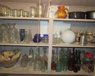 mason jars, color glass jars, steins, glass punch bowl