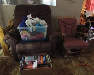 lift chair, crocheted toys, books, glider