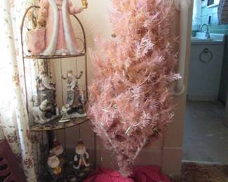 pink tree and holiday items, shelf