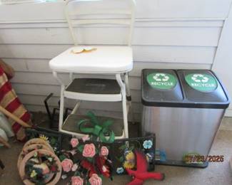 stool, metal decor, recycle bin