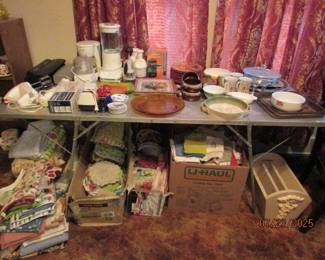 assorted kitchen items, crocheted dishcloths/hot pads, linens
