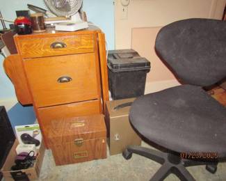 wooden file cabinet, chair, storage file boxes