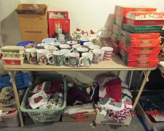 Holiday mugs, ornaments, linens, tree skirts