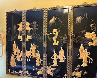 LOT # 3
set of four vintage Chinese black lacquer wall panels
Lot total $200
1st picture of 2