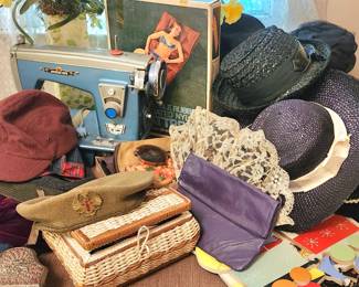 Vintage Modern Home Sewing Machine. Vintage Rubber Coated Pool Mattress. Vintage Caps and Hats. Military Beret, Wool Military Coats Available.