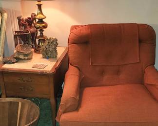 Mid Century Skirted Sitting Chair. Side Tables