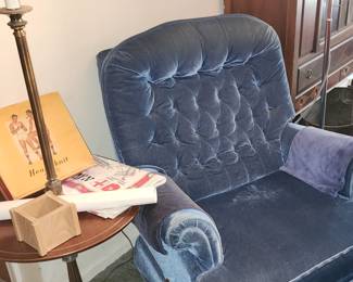 Lamp Table, Blue Velvet Rocking Chair.