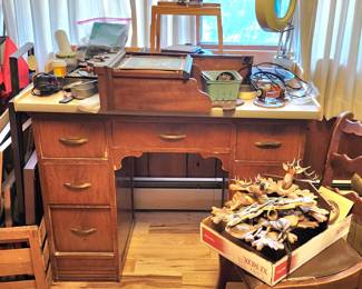 Clocks, Clockworks,Parts. Vintage Desk and Frames. Black Forest Cuckoo Clock (may need work)