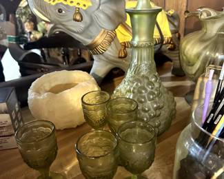 VINTAGE IMPERIAL GREEN DECANTER AND WINE GLASSES