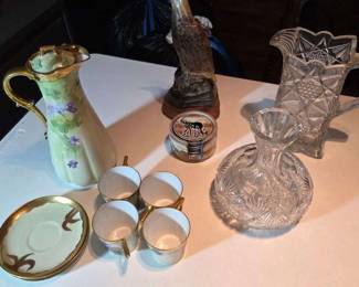 Tea Cup Set, Glass Pitcher, Heavy crystal vase, magnificent Wooden Eagle Figure and more