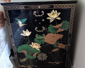 Oriental silverware/glassware side table