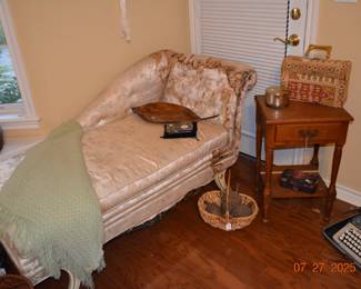 Lovely Chaise - has water stain on fabric - maple side table