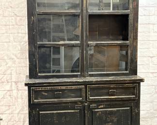 Vtg. 2-Piece Distressed Black China Hutch Cabinet
