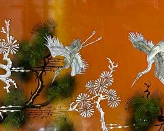 Asian Scene: Silver Bird & Tree on Painted Surface