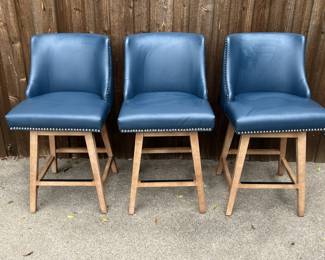 (3) Barstools w/ Blue Leather Wingback Seats