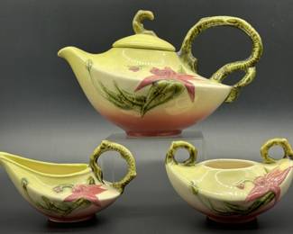 Vtg. Hall Pottery Aladdin Tea Pot, Creamer, Sugar