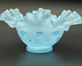 Vtg. Fenton Blue Opalescent Coin Dot Ruffled Bowl
