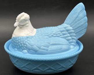 Vintage Blue & White Milk Glass Hen on Nest