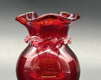 Vintage Ruby Red Ruffled Vase w/ Ribbon