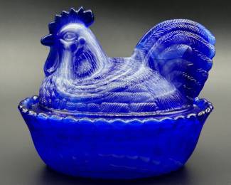 Vintage Cobalt Blue Pressed Glass Hen on Nest