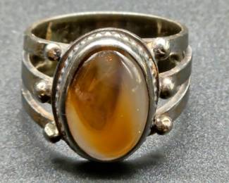 Sterling Silver w/ Amber Stone Ring, Size 8.5