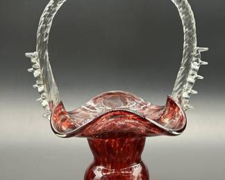 Blown Art Blass Ruby Red Basket w/ Clear Handle