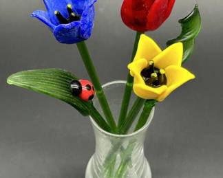 (3) Blown Glass Red, Blue, & Yellow Tulips in Vase