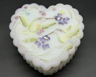 Vintage Fenton White Milk Glass Heart Trinket Box