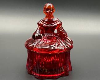 Vintage Ruby Red Glass Colonial Lady Trinket Box