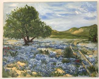 Oil On Canvas Art Texas Landscape w/ Bluebonnets