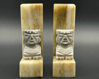 Pair Mexican Onyx Bookends w/ Mayan Icons