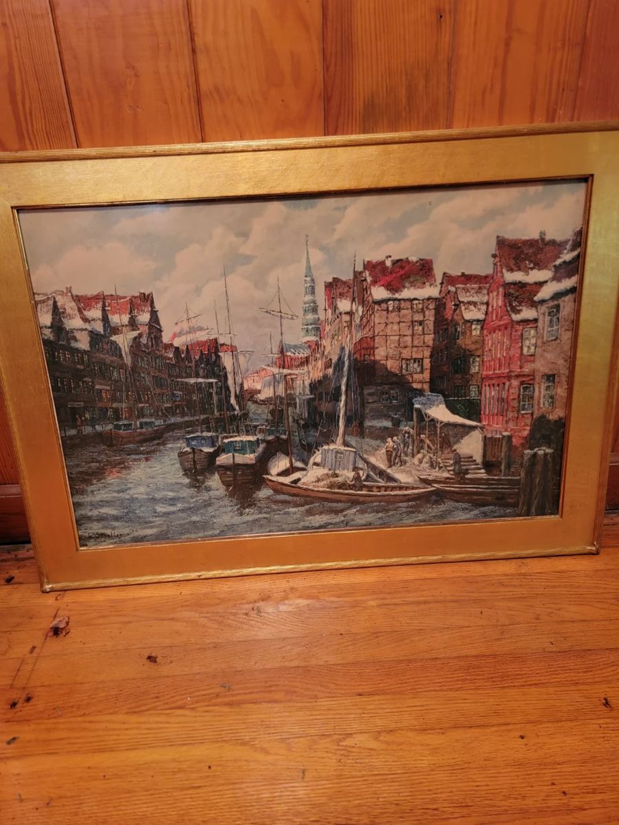 Color Lithograph of Hamburger Hafen (Hamburg Harbour) by Willy Schaller b.1889. His original works oil on board and oil on canvas. Print c. 1900 in an age appropriate frame gesso on wood.