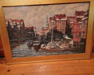 Color Lithograph of Hamburger Hafen (Hamburg Harbour) by Willy Schaller b.1889.  His original works oil on board and oil on canvas. Print c. 1900 in an age appropriate frame gesso on wood.