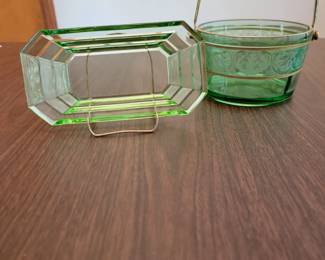 Uranium Glass, Whipped Cream Pail & Oblong Art Deco dish.