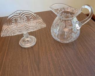 American Pressed Glass Banana Stand and Cambridge Crystal Doulton Pitcher "Rose Point".