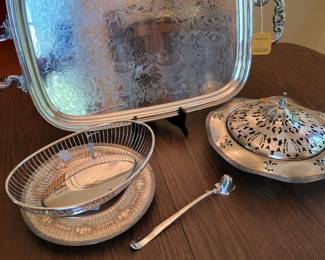 Silver Plate, Gorham serving tray 21"×15". Wire Bread Basket, Center Bowl/Flower Frog.