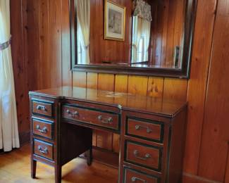 Vintage Vanity, by Furniture Tomlinson (needs restoration) in the style of Louis XVI Grand Scale Beveled Mirror.