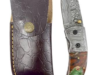 Genuine Damascus Pocket Knife and Case