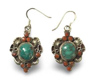 Pair Tibetan Sterling Turquoise Coral Earrings
