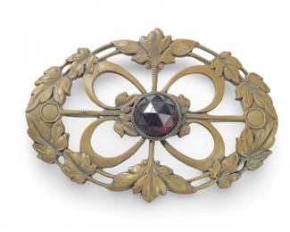 Antique Art Nouveau Brass Gemstone Brooch