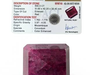 890 CT Emerald Cut Loose Ruby Gemstone