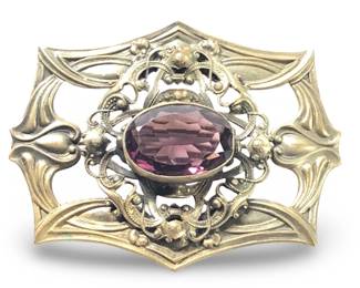 Antique Art Nouveau Brass Gemstone Brooch
