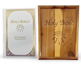 White KJV Holy Bible with Wooden Case