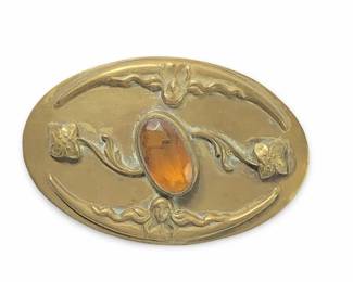 Antique Art Nouveau Brass Gemstone Brooch