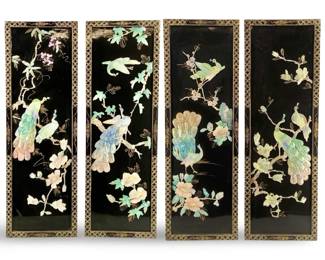 Asian Black Lacquer Mother of Pearl Peacock Panels