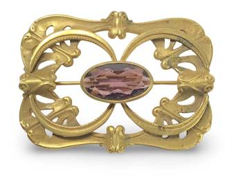 Exceptional Art Nouveau Brass Gemstone Brooch