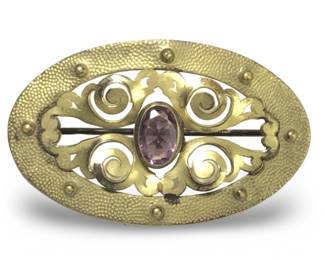 Antique Art Nouveau Brass Gemstone Brooch