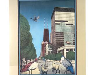 Signed Skyline Lamb Bird Lithograph