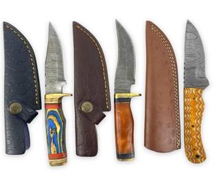 3pc Genuine Damascus Steel Knives with Sheaths