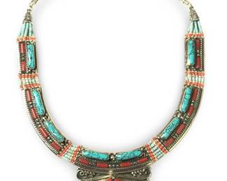 Tibetan Silver Art Deco Turquoise Coral Necklace